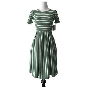 LuLaRoe Amelia dress XXS 00 0 green white stripe pockets light academia garden